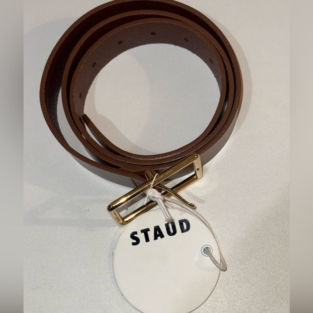 STAUD Brown Leather Belt with Gold Buckle